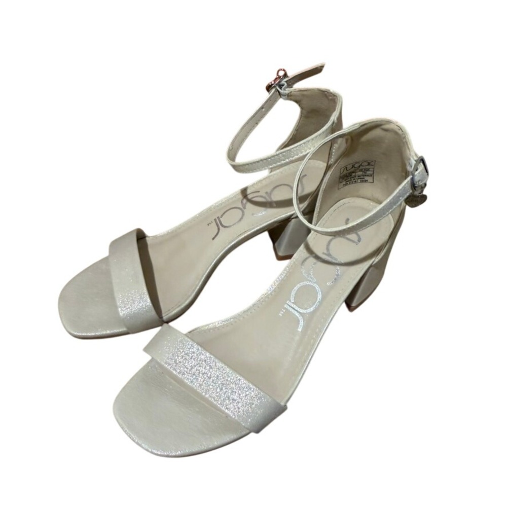 Sugar Optimum Champagne Shimmer Block Heel Ankle Strap Silver Heart Charm